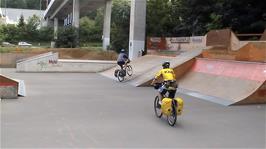 Joe and Tao enjoy the BMX track at Dättwil, Baden, 6.9 miles into the ride